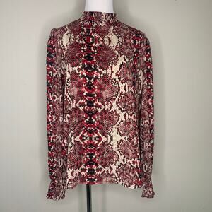 ASHER Burgundy Black Snake Print Blouse High Neck Sz Small